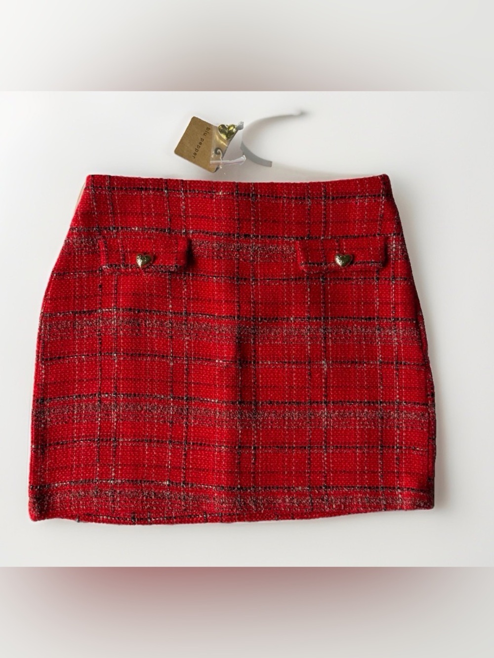 NWT Blu Pepper Red Plaid Tweed Heart Button Mini Skirt Preppy Holiday Clueless M